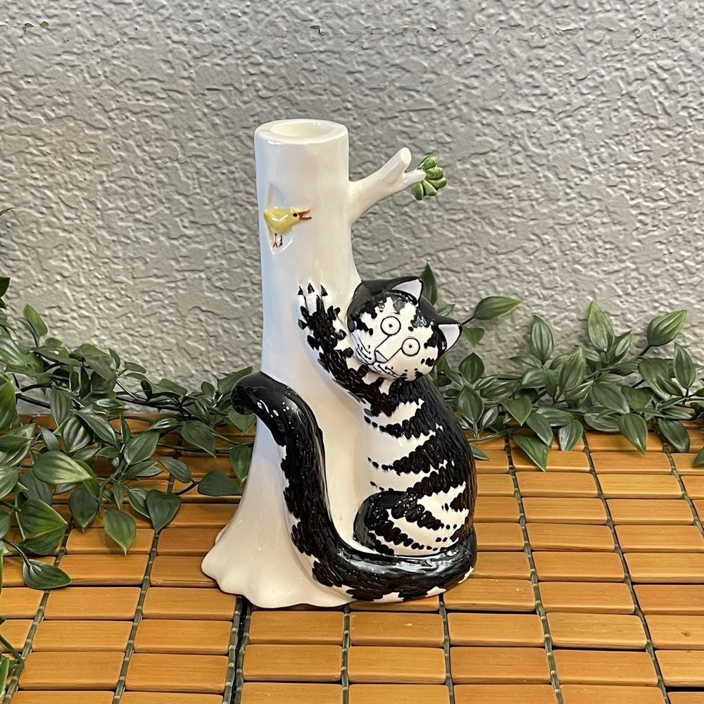 Vintage Signed B Kliban Candle Holder Cat Bird on Tree Ceramic Sigma Tastesetter